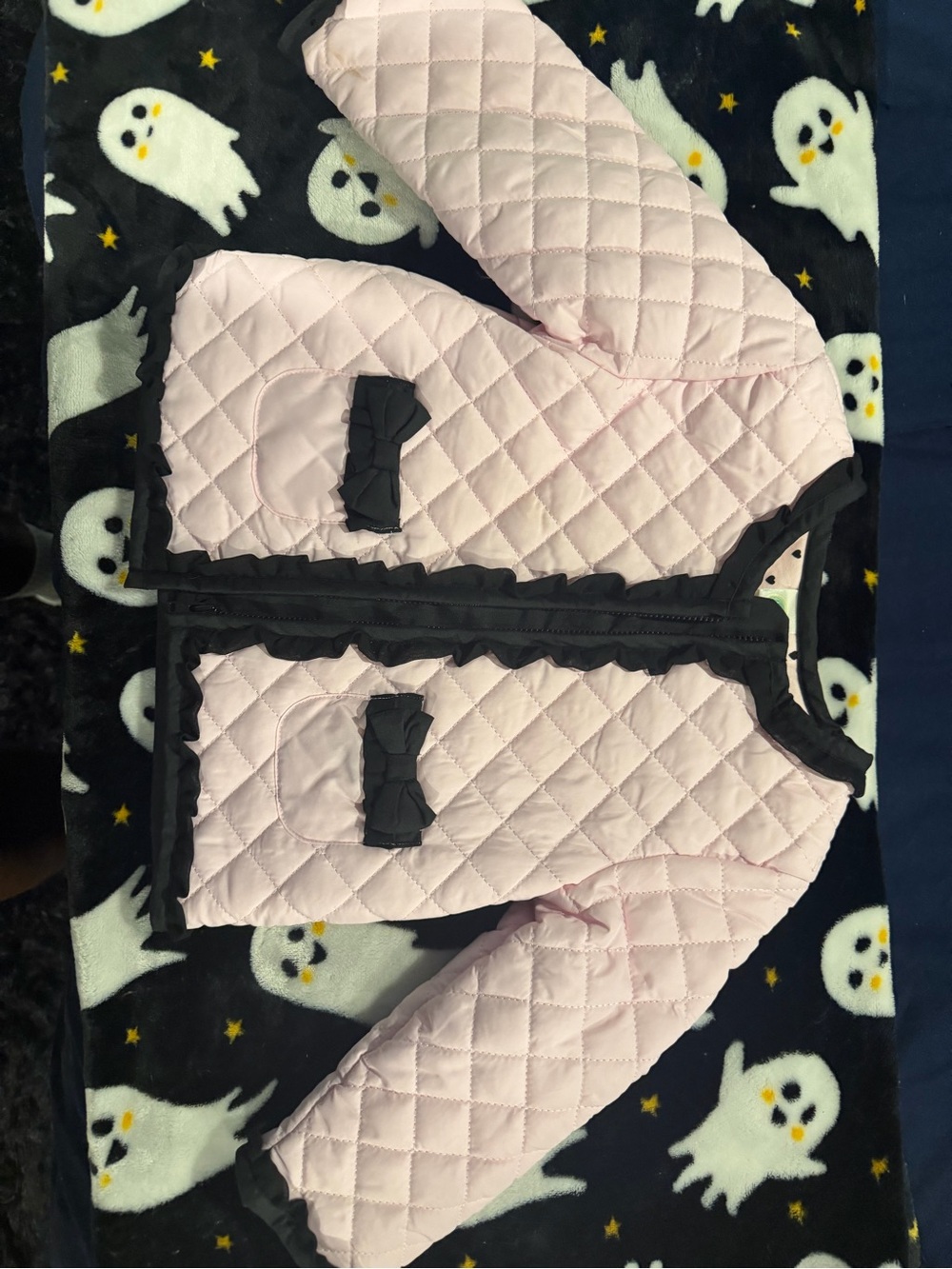 Little Me Quilted Light Pink Jacket with Black Trim & Bows